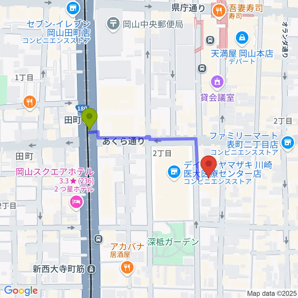 レディオモモの最寄駅田町駅からの徒歩ルート（約3分）地図