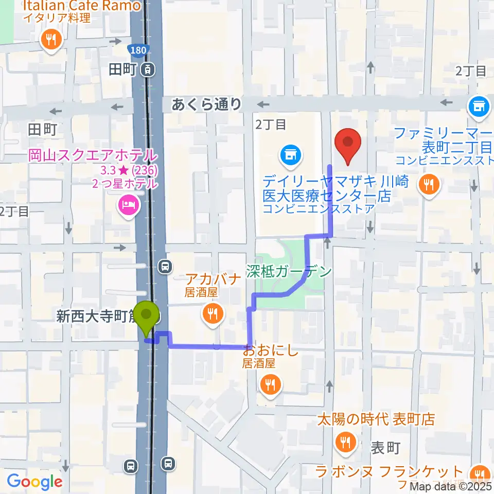 新西大寺町筋駅からレディオモモへのルートマップ地図