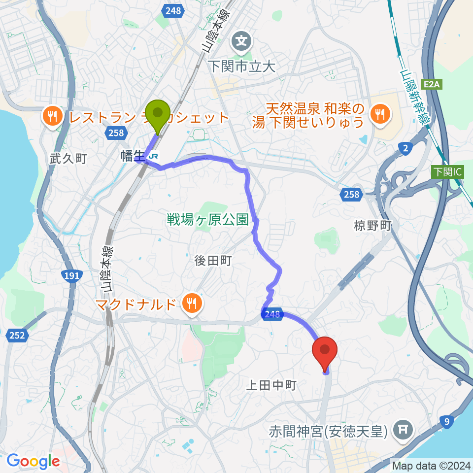 幡生駅からカモンFMへのルートマップ地図