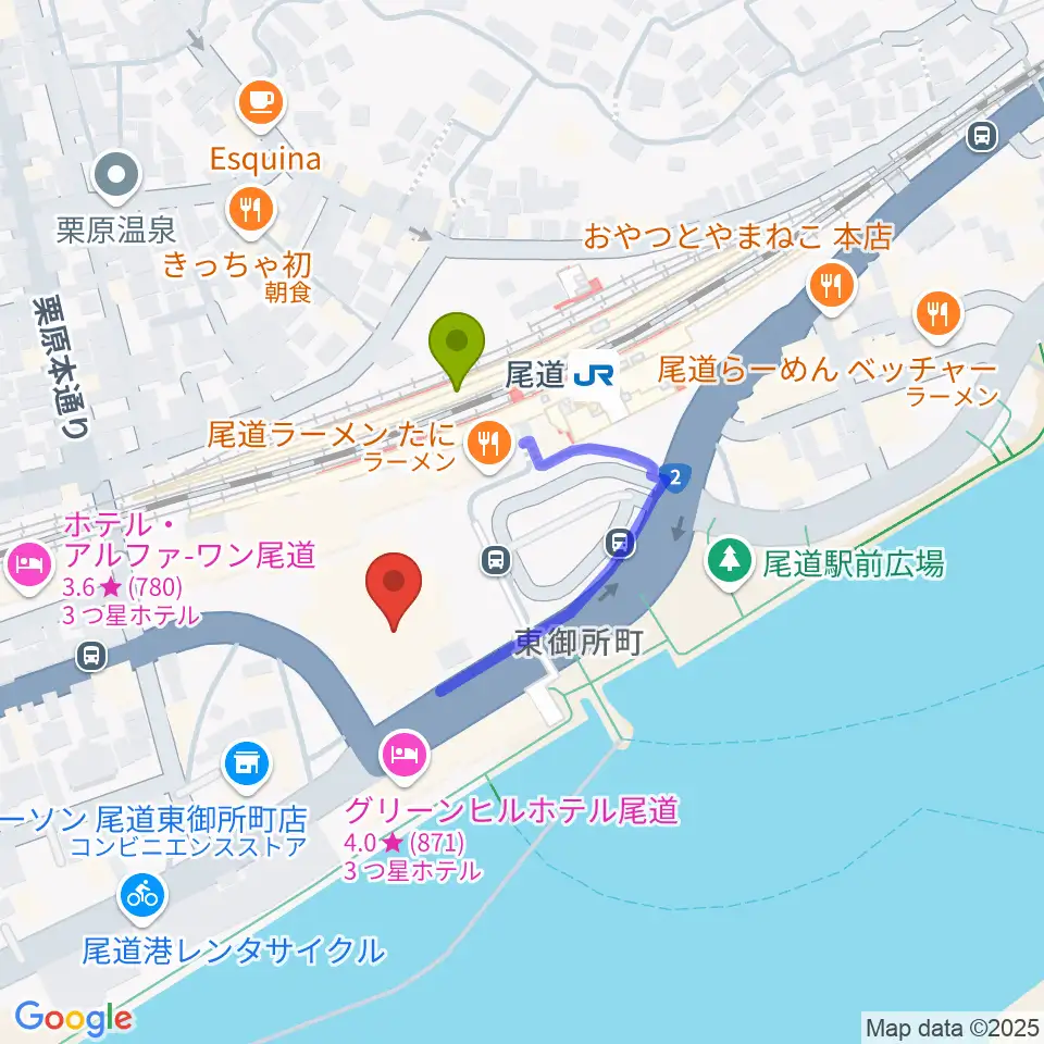 エフエムおのみちの最寄駅尾道駅からの徒歩ルート（約2分）地図