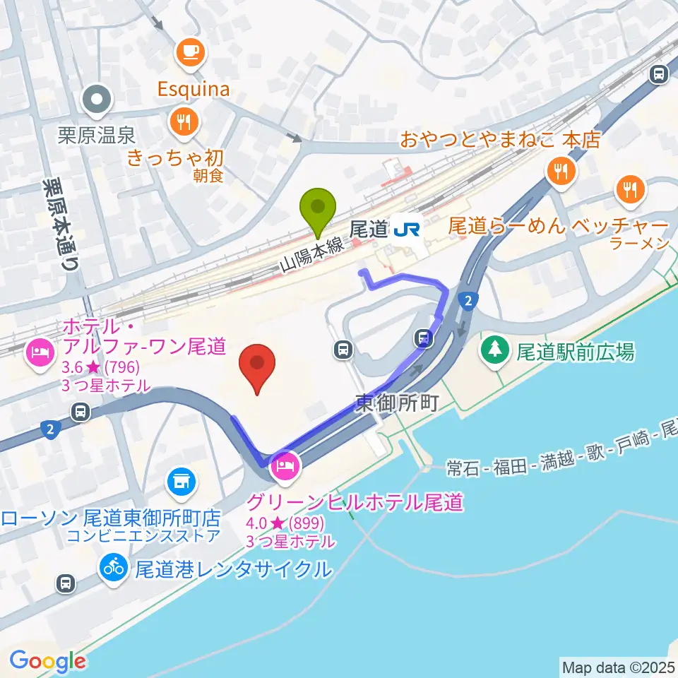エフエムおのみちの最寄駅尾道駅からの徒歩ルート（約2分）地図