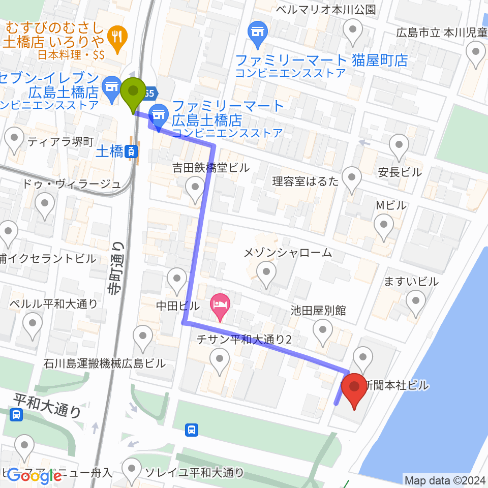 FMちゅーピーの最寄駅土橋駅からの徒歩ルート（約6分）地図