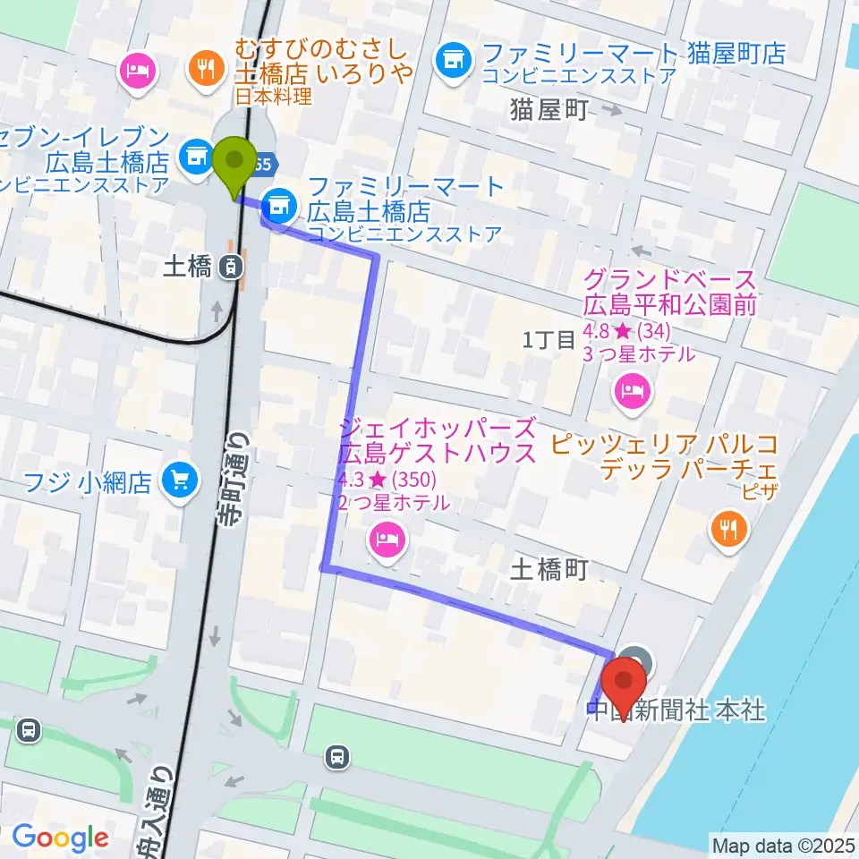 FMちゅーピーの最寄駅土橋駅からの徒歩ルート（約6分）地図