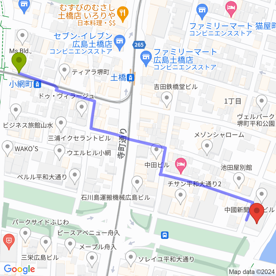 小網町駅からFMちゅーピーへのルートマップ地図