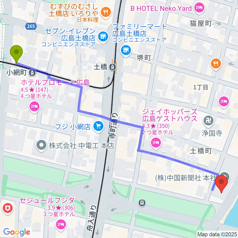 小網町駅からFMちゅーピーへのルートマップ地図