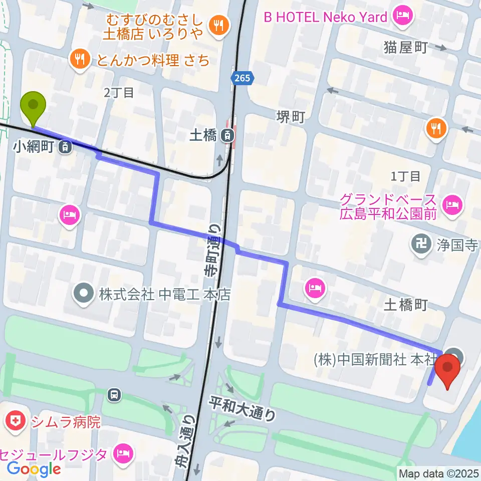 小網町駅からFMちゅーピーへのルートマップ地図