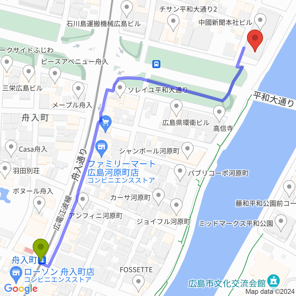舟入町駅からFMちゅーピーへのルートマップ地図