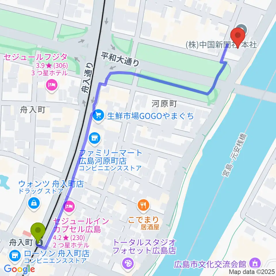 舟入町駅からFMちゅーピーへのルートマップ地図