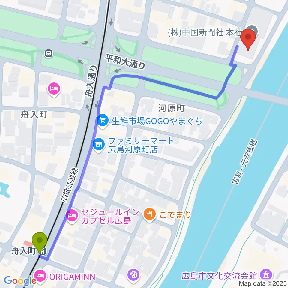 舟入町駅からFMちゅーピーへのルートマップ地図