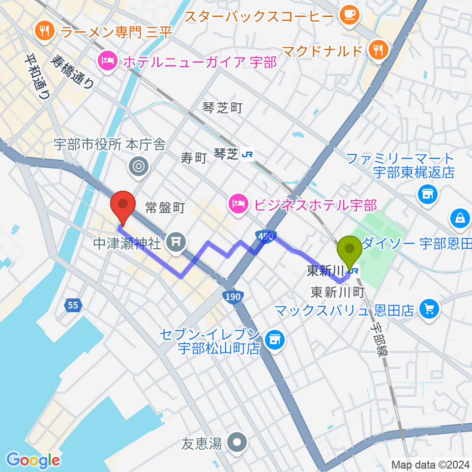 東新川駅からFMきららへのルートマップ地図