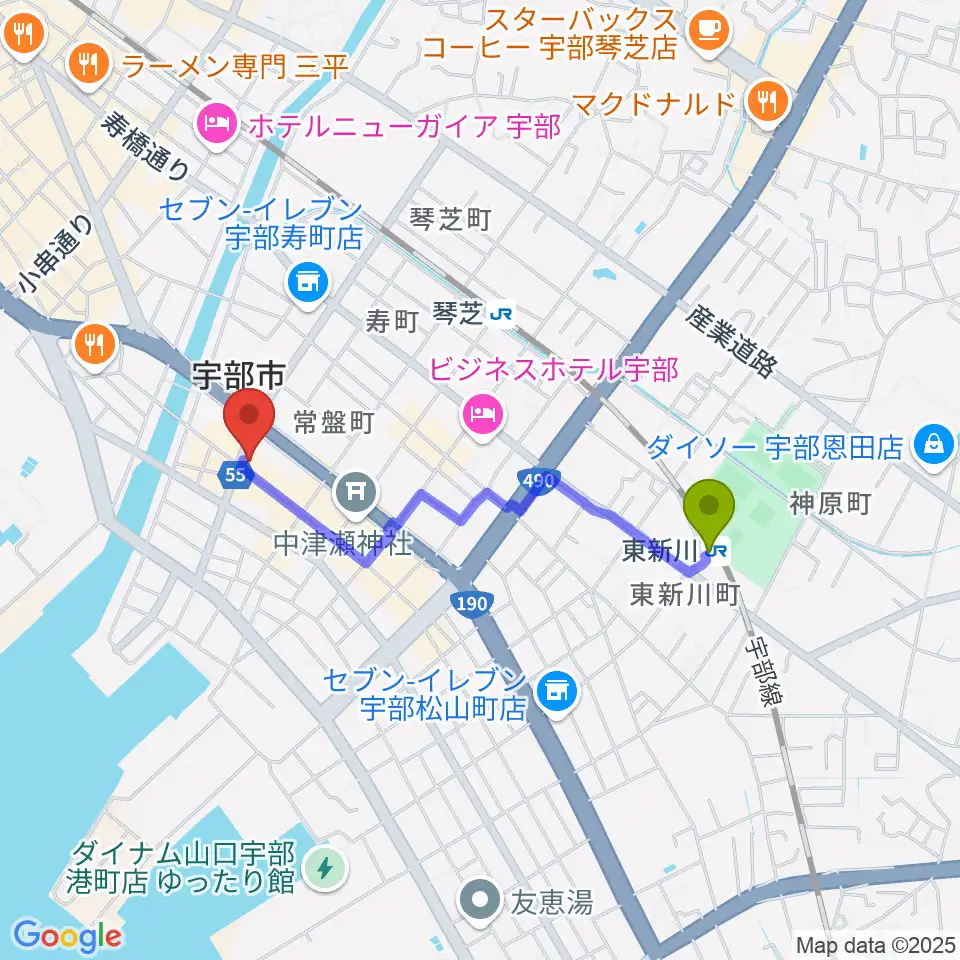 東新川駅からFMきららへのルートマップ地図