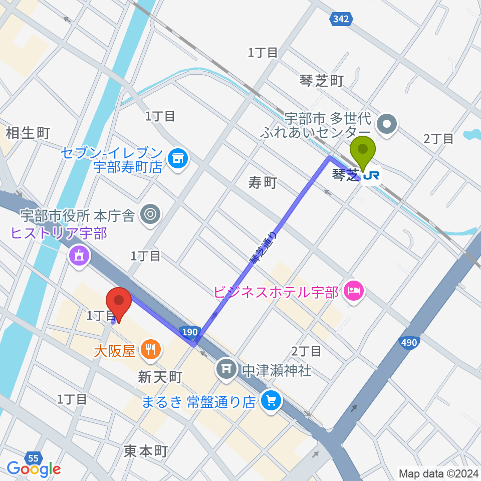 FMきららの最寄駅琴芝駅からの徒歩ルート（約9分）地図