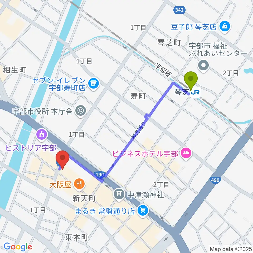 FMきららの最寄駅琴芝駅からの徒歩ルート（約9分）地図