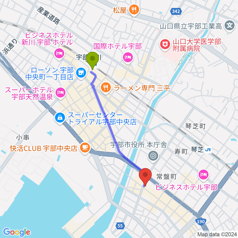 宇部新川駅からFMきららへのルートマップ地図