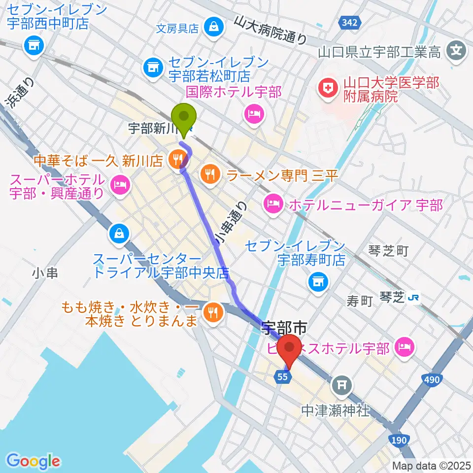 宇部新川駅からFMきららへのルートマップ地図