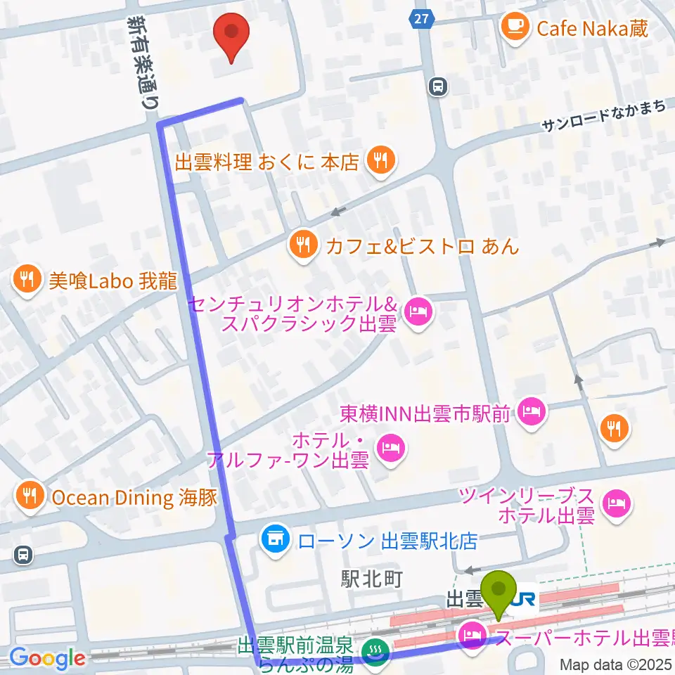 エフエムいずもの最寄駅出雲市駅からの徒歩ルート（約7分）地図