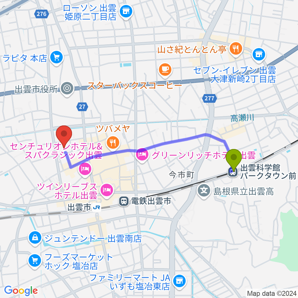 出雲科学館パークタウン前駅からエフエムいずもへのルートマップ地図