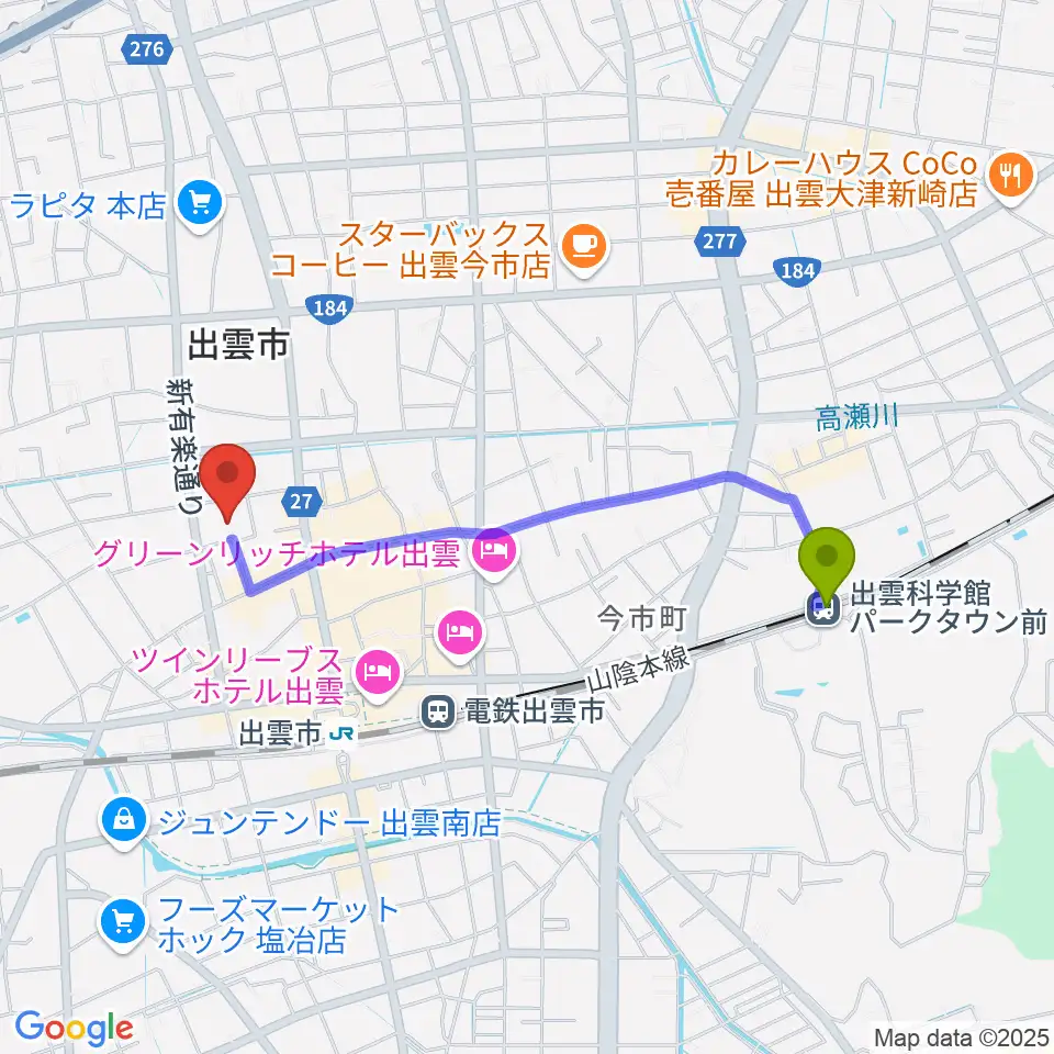 出雲科学館パークタウン前駅からエフエムいずもへのルートマップ地図