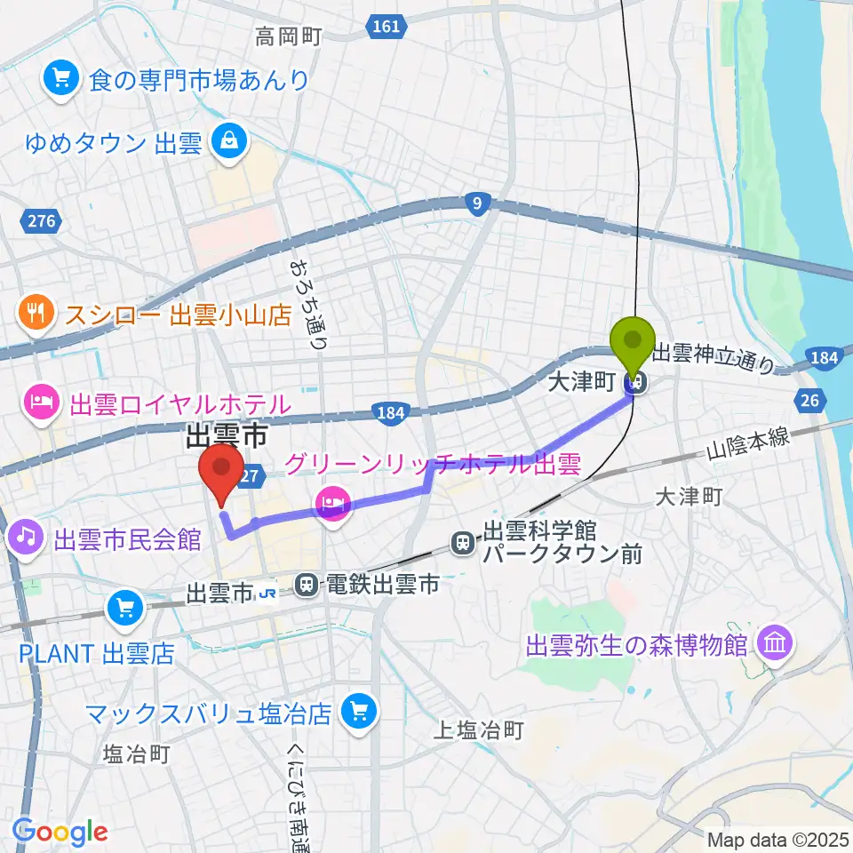 大津町駅からエフエムいずもへのルートマップ地図