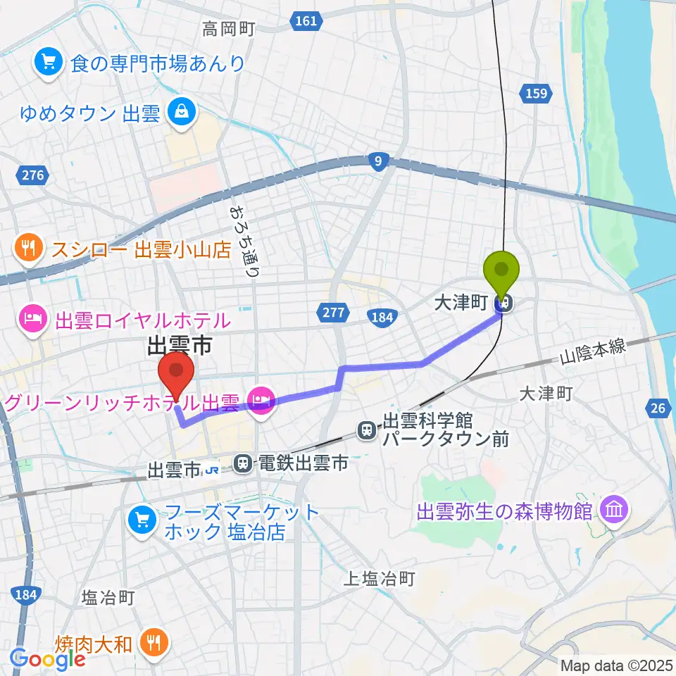 大津町駅からエフエムいずもへのルートマップ地図