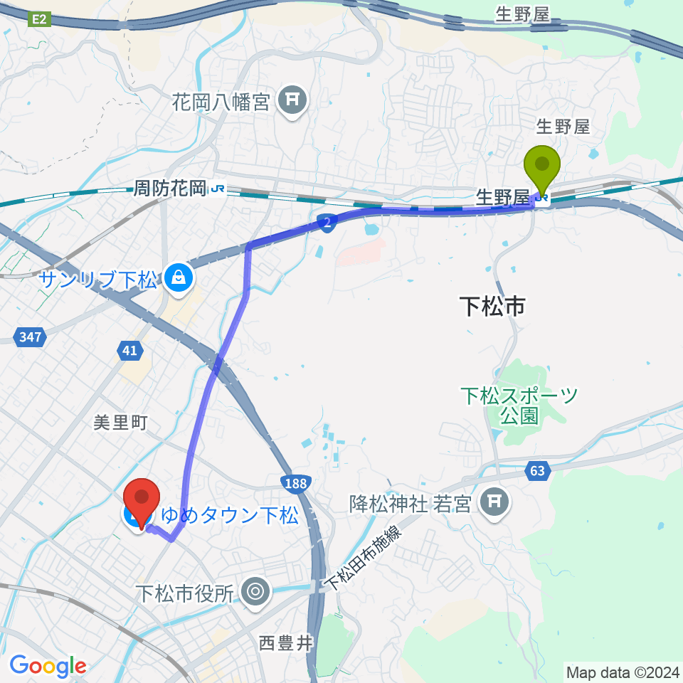 生野屋駅からしゅうなんFMへのルートマップ地図