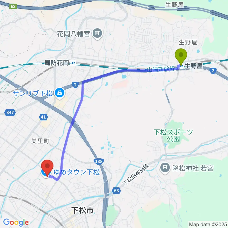 生野屋駅からしゅうなんFMへのルートマップ地図