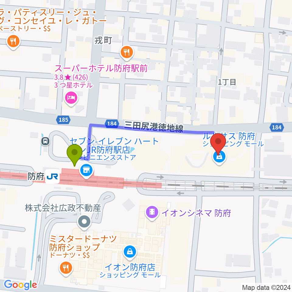 FMわっしょいの最寄駅防府駅からの徒歩ルート（約4分）地図