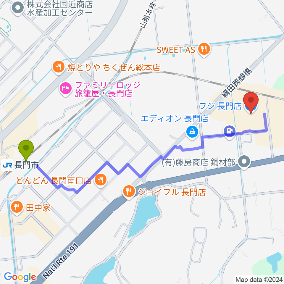 FM AQUAの最寄駅長門市駅からの徒歩ルート（約13分）地図