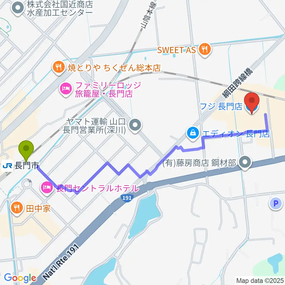 FM AQUAの最寄駅長門市駅からの徒歩ルート（約13分）地図