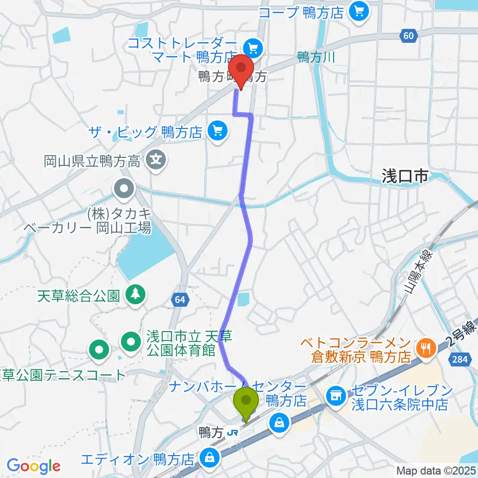 エフエムゆめウェーブの最寄駅鴨方駅からの徒歩ルート（約22分）地図