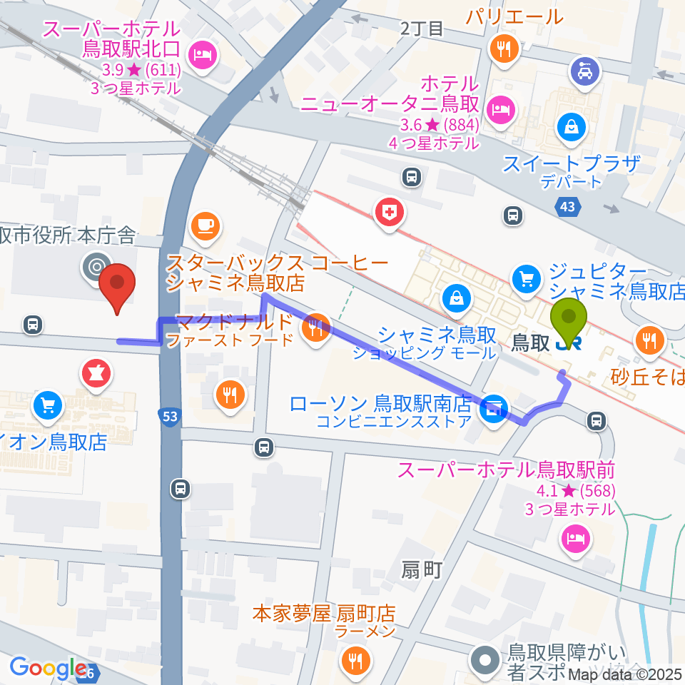 FM鳥取 レディオバードの最寄駅鳥取駅からの徒歩ルート（約5分）地図