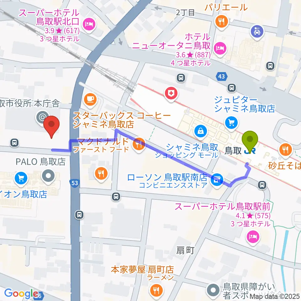 FM鳥取 レディオバードの最寄駅鳥取駅からの徒歩ルート（約5分）地図