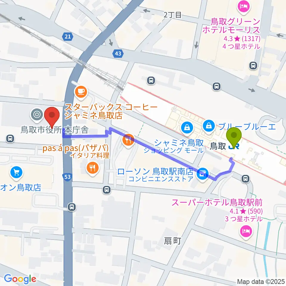 FM鳥取の最寄駅鳥取駅からの徒歩ルート（約5分）地図