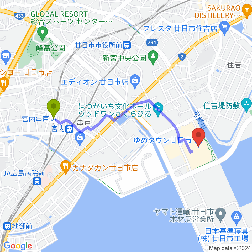 宮内串戸駅からFMはつかいちへのルートマップ地図