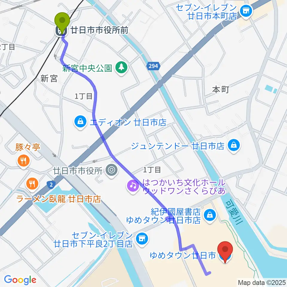 FMはつかいちの最寄駅廿日市市役所前（平良）駅からの徒歩ルート（約15分）地図