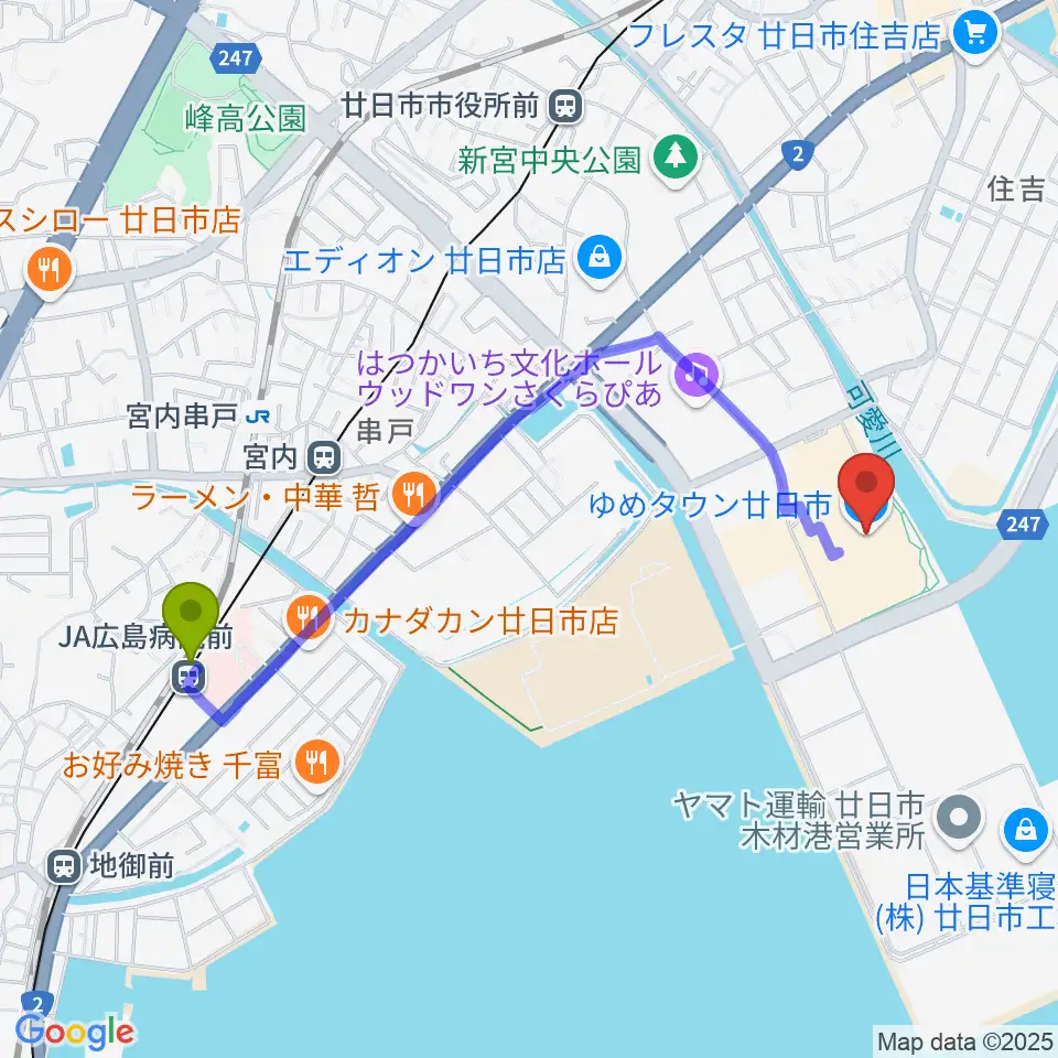 ＪＡ広島病院前駅からFMはつかいちへのルートマップ地図