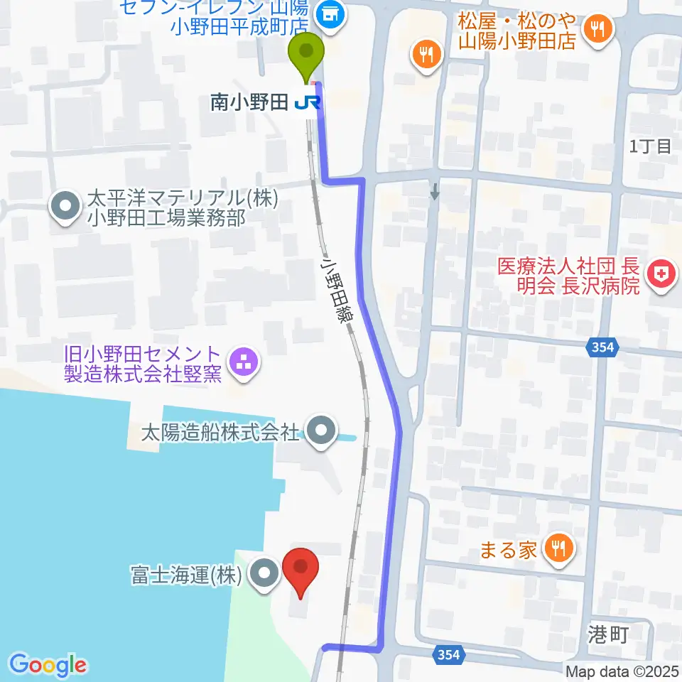 南小野田駅からFMスマイルウェーブへのルートマップ地図