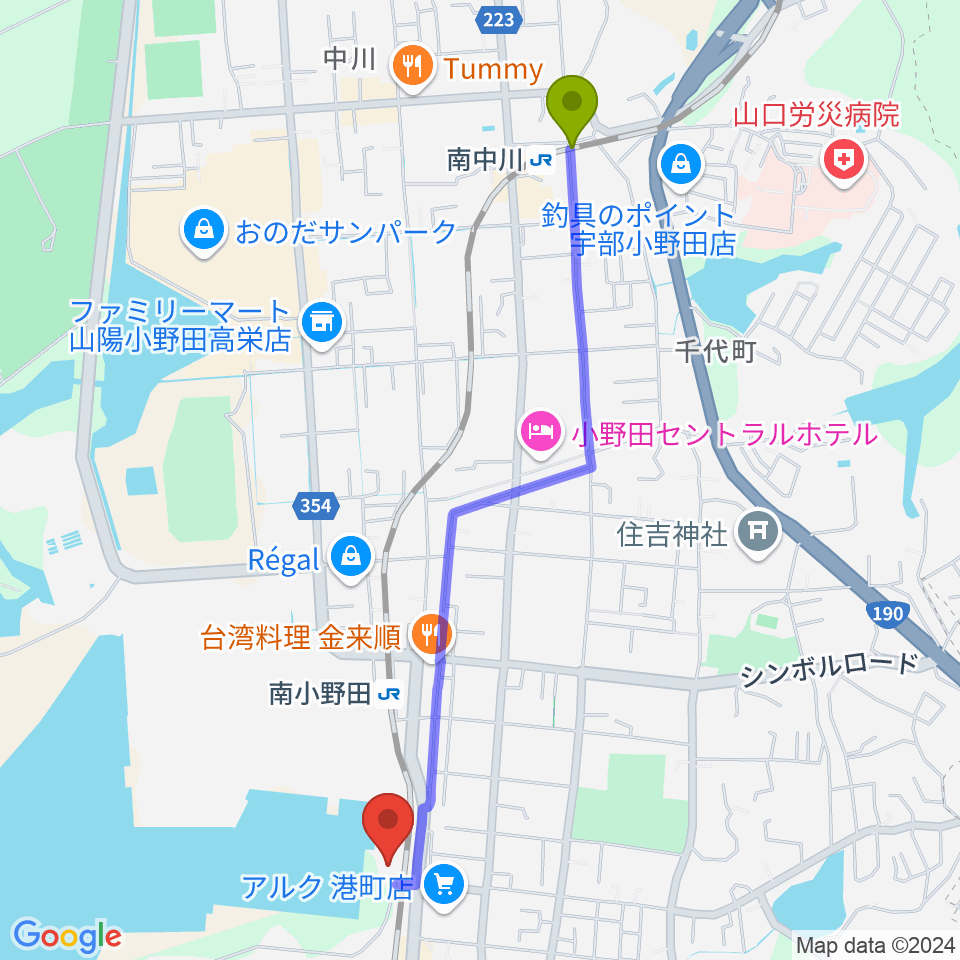 南中川駅からFMスマイルウェーブへのルートマップ地図