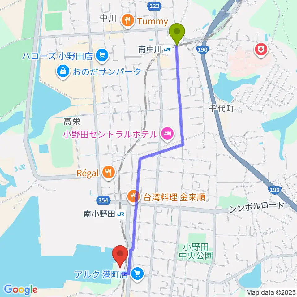 南中川駅からFMスマイルウェーブへのルートマップ地図