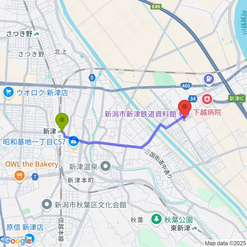新津駅からラジオ・チャットへのルートマップ地図