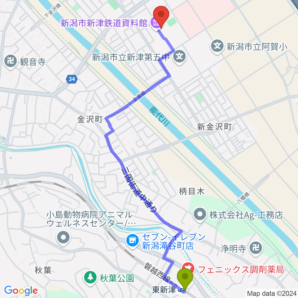 ラジオ・チャットの最寄駅東新津駅からの徒歩ルート（約27分）地図