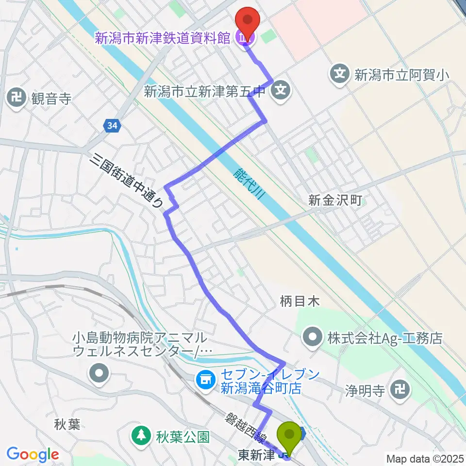 ラジオ・チャットの最寄駅東新津駅からの徒歩ルート（約27分）地図