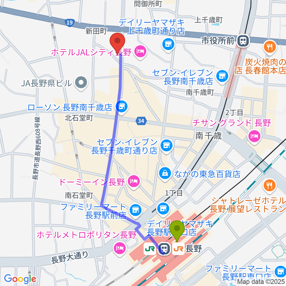 長野駅からFMぜんこうじへのルートマップ地図