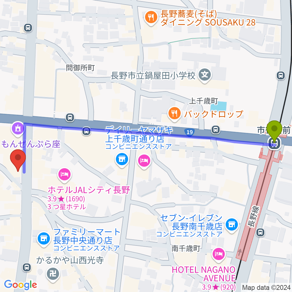 FMぜんこうじの最寄駅市役所前駅からの徒歩ルート（約7分）地図