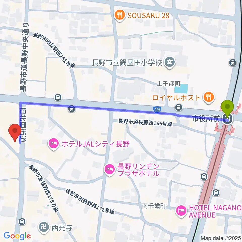 FMぜんこうじの最寄駅市役所前駅からの徒歩ルート（約7分）地図