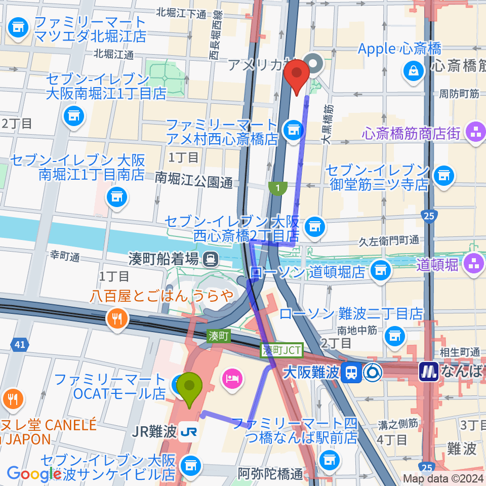 ｊｒ難波駅からアメリカ村dropへのルートマップ Mdata