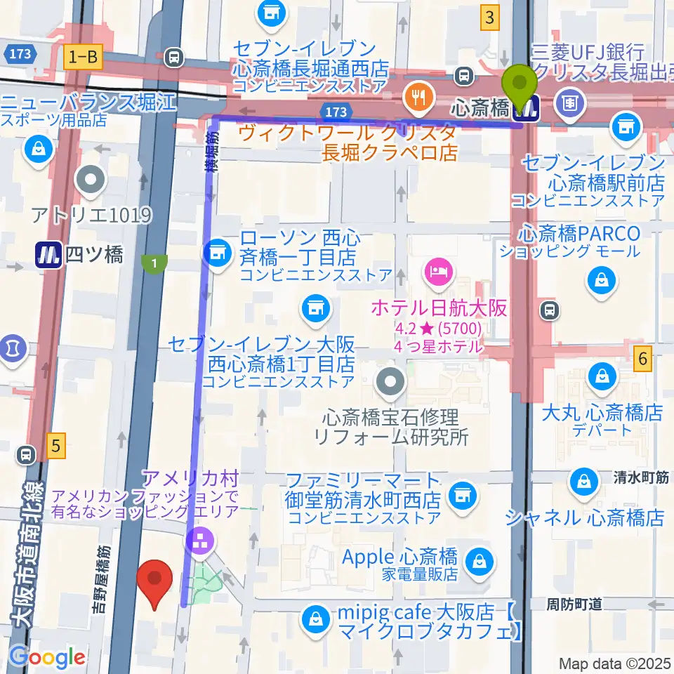 心斎橋駅からアメリカ村DROPへのルートマップ地図