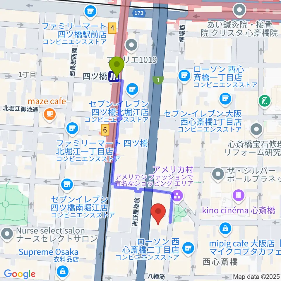 アメリカ村DROPの最寄駅四ツ橋駅からの徒歩ルート（約4分）地図