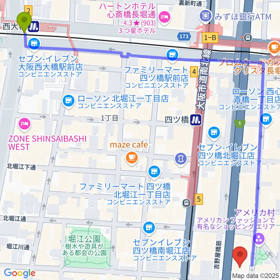 西大橋駅からアメリカ村DROPへのルートマップ地図