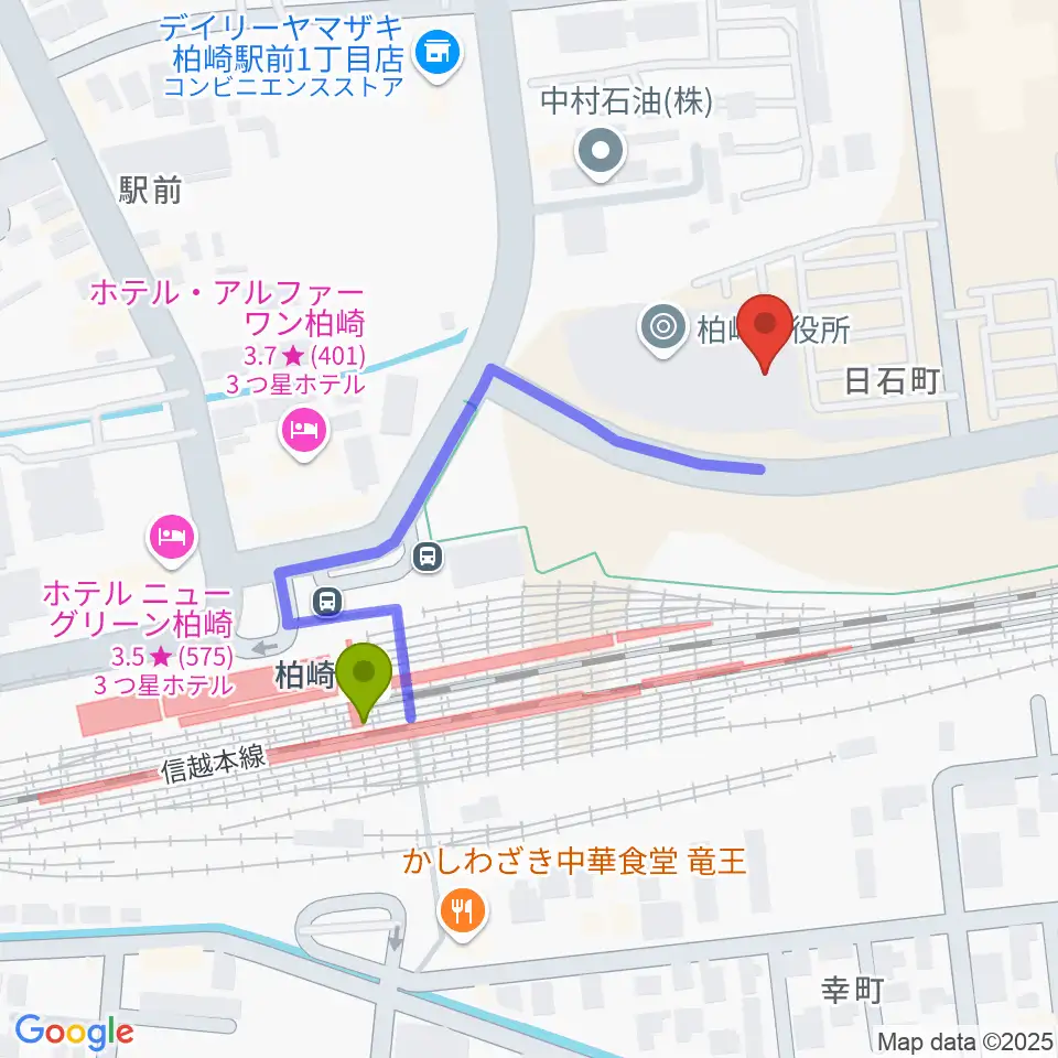 FMピッカラの最寄駅柏崎駅からの徒歩ルート（約4分）地図